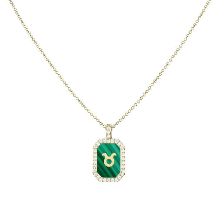 Rhodium Plated Silver Malachite Zodiac & Initial Necklace – Octagon AW24N004R (Quick Ship)