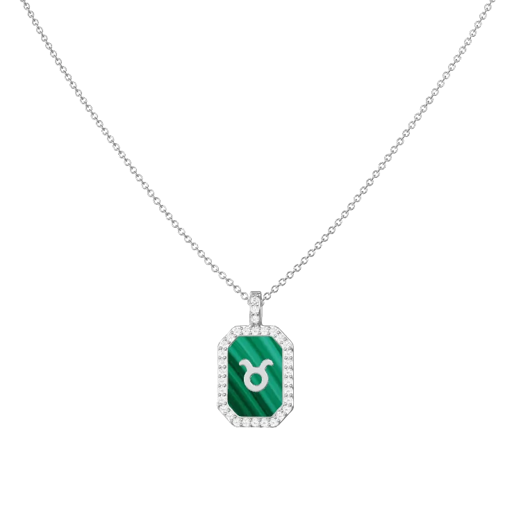 Rhodium Plated Silver Malachite Zodiac & Initial Necklace – Octagon AW24N004R