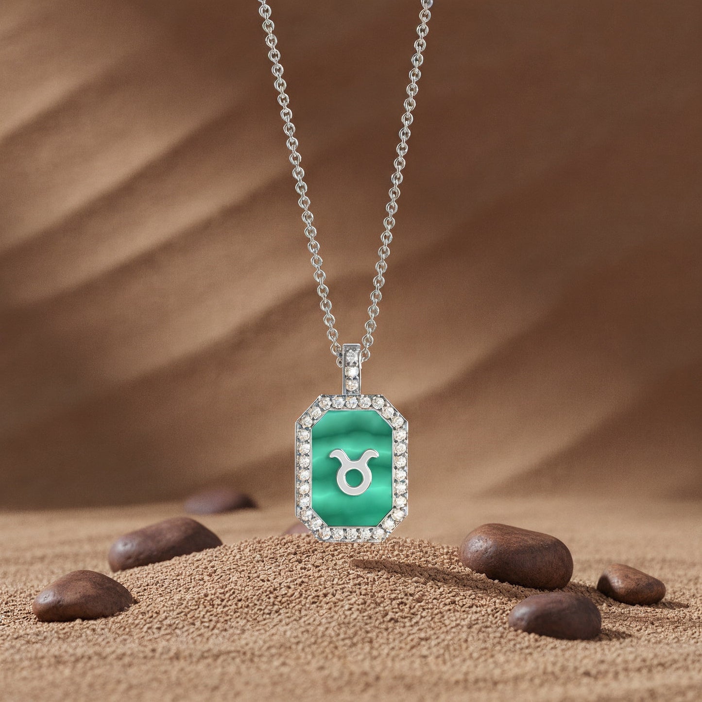 Rhodium Plated Silver Malachite Zodiac & Initial Necklace – Octagon AW24N004R (Quick Ship)