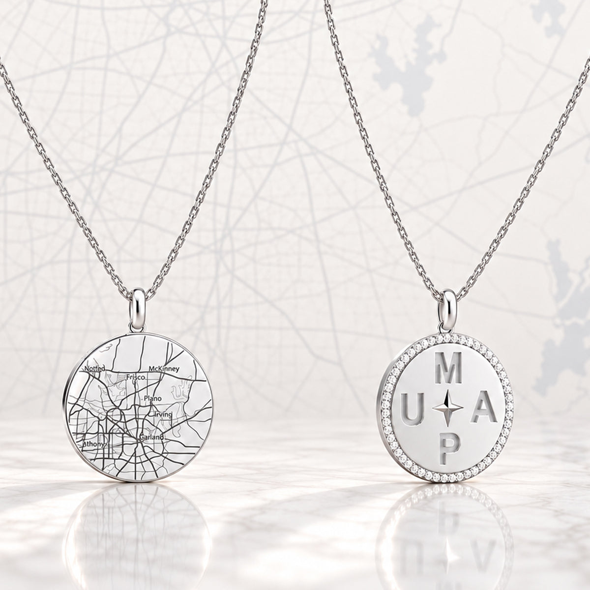 Personal Story Medallion Necklace – Lucky Symbol & Map Engravable Silver AW24N001MAP