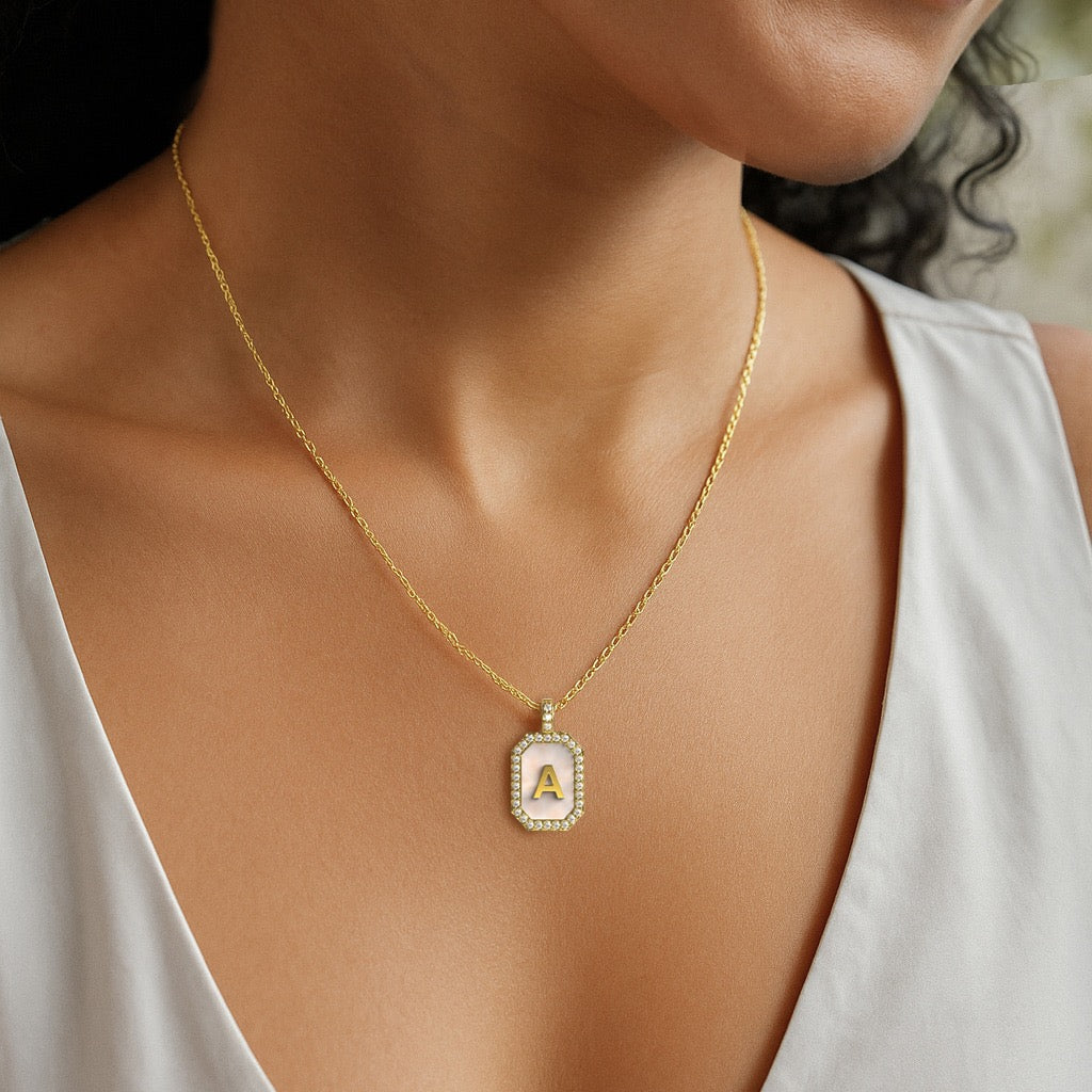 18k Gold Plated Silver Pearl Initial Zodiac & Initial Gemstone Pendant Necklace – Octagon  AW24N004G (Quick Ship)