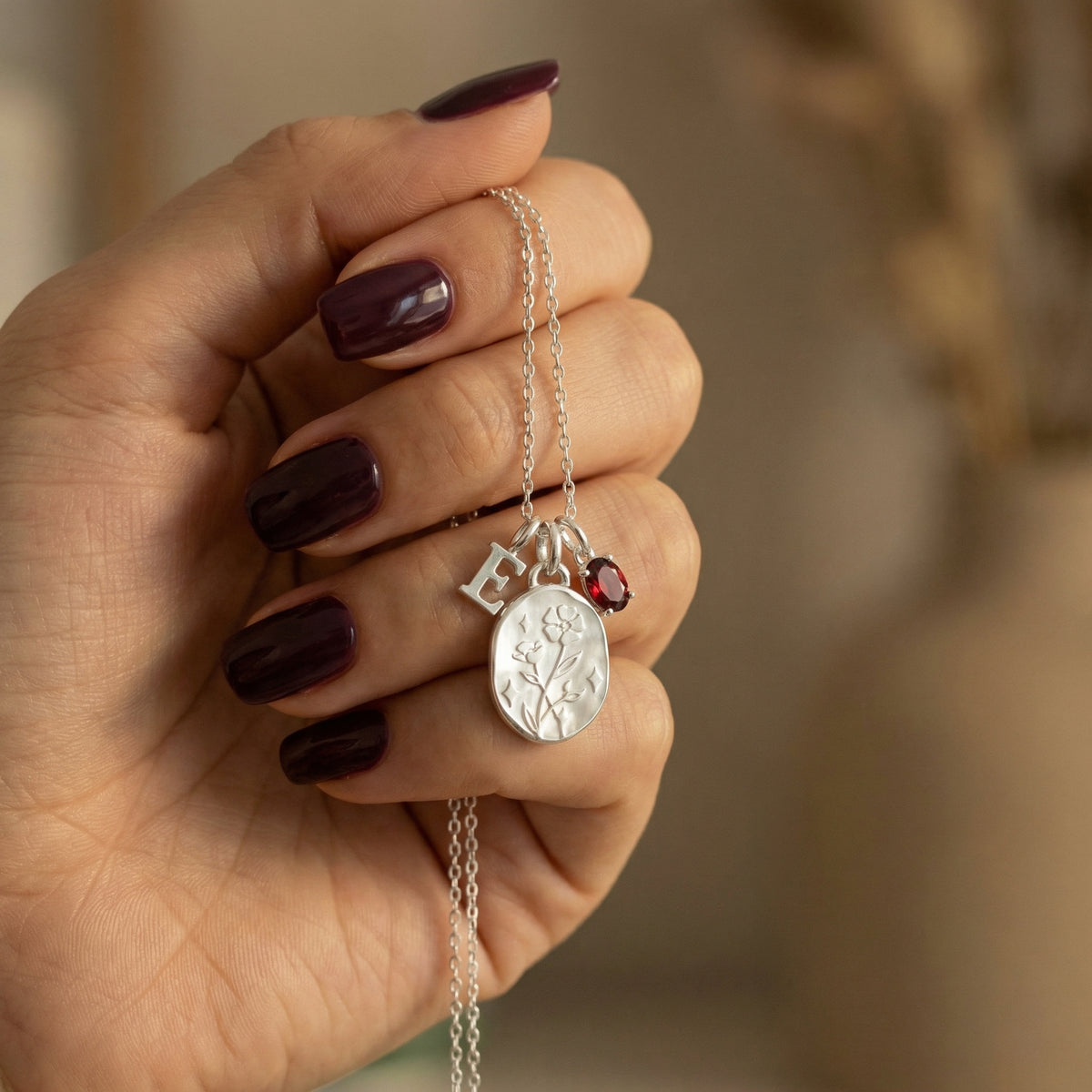 January Carnation & Garnet Initial Necklace SN042