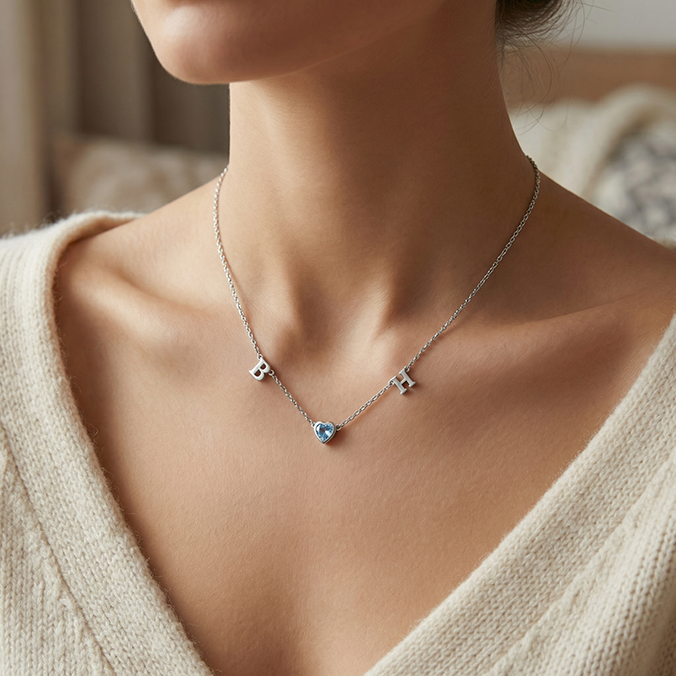 Rhodium March HeartLink Birthstone Necklace SN022BR