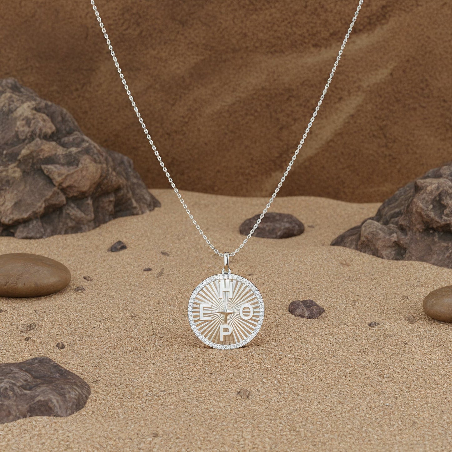 Rhodium Plated Personal Story Medallion Necklace – Lucky Symbol & Engravable（Pleated）AW24N007B