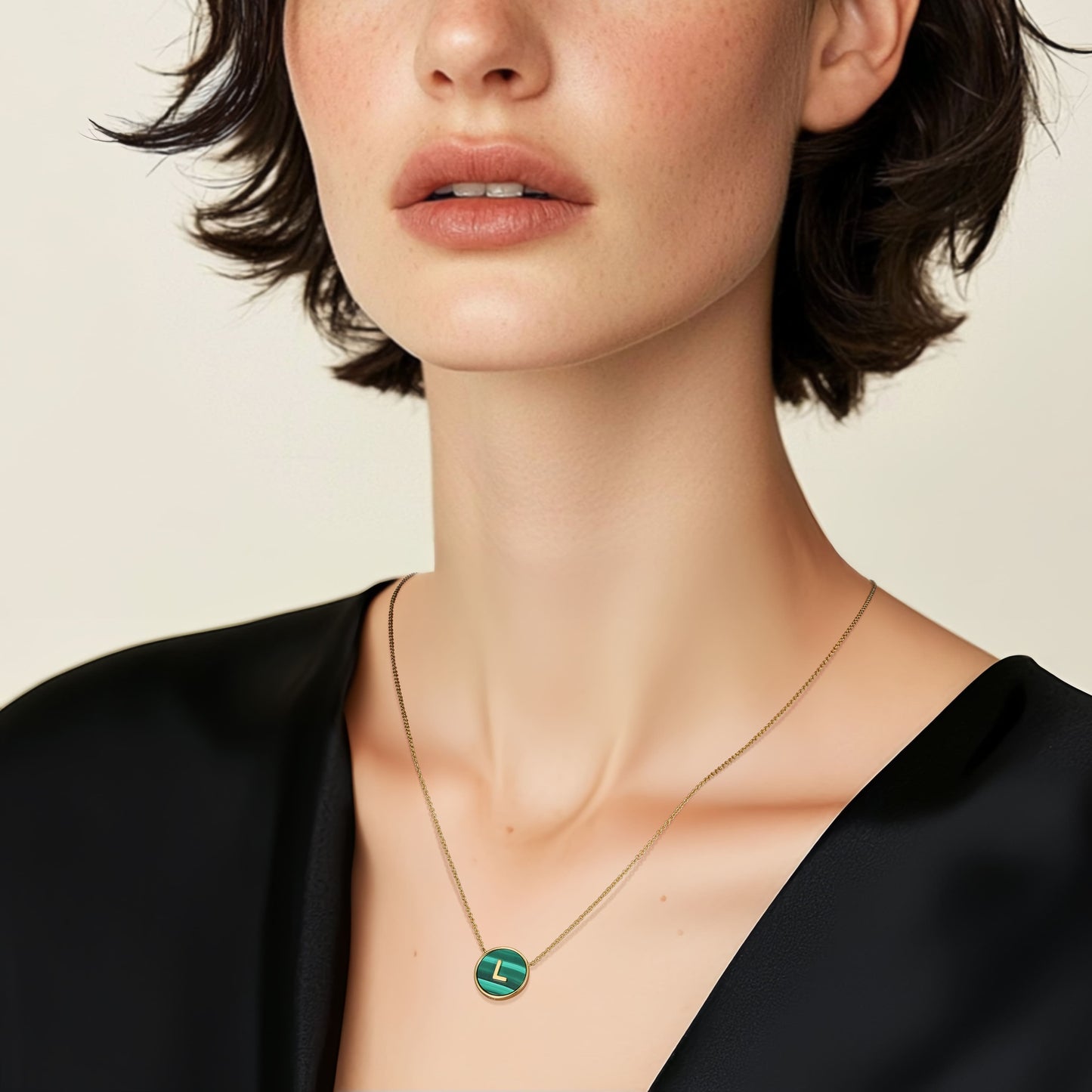 Rhodium Plated Silver Malachite Initial Necklace SS25N002R (Quick Ship)