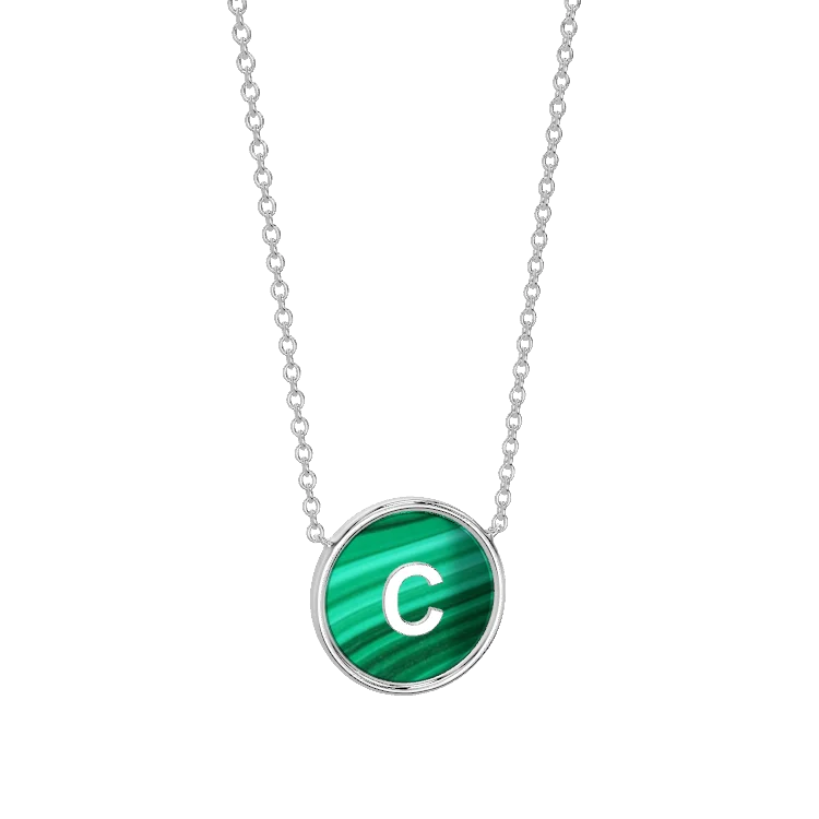 Rhodium Plated Silver Malachite Initial Necklace SS25N002R (Quick Ship)