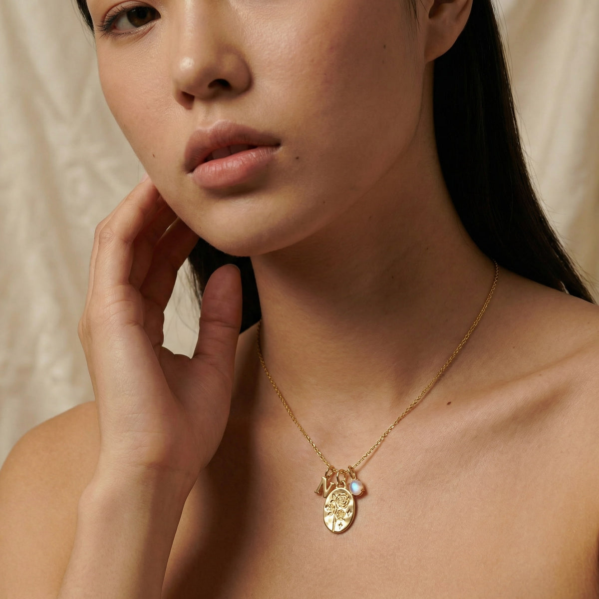June Rose & Moonstone Initial Necklace SN042