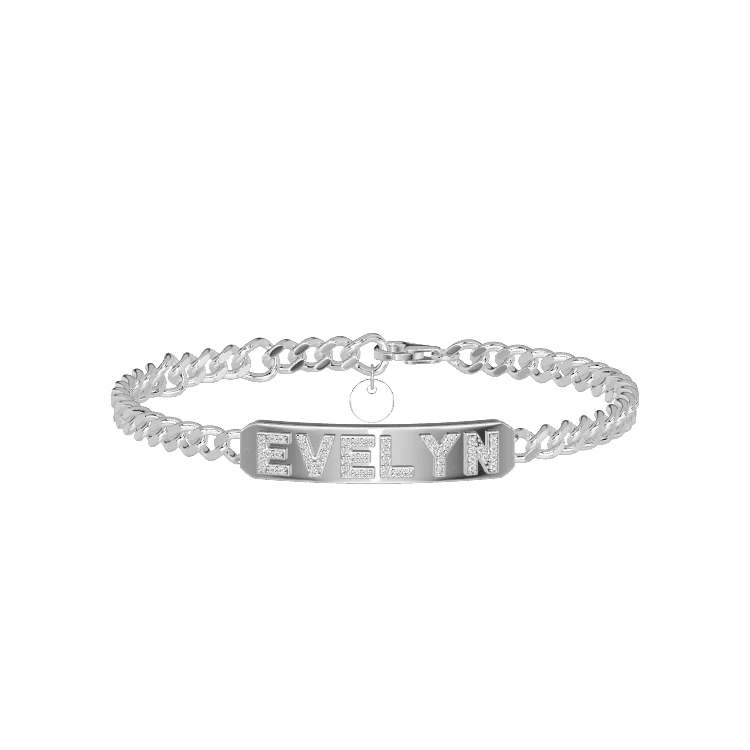 Rhodium Plated Silver Pavé Letter ID Bar Curb Chain Bracelet His & Her ID Bar AW24B001R
