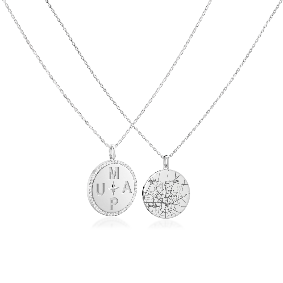 Personal Story Medallion Necklace – Lucky Symbol & Map Engravable Silver AW24N001MAP