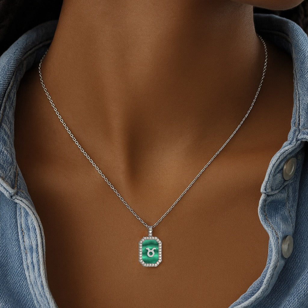 Rhodium Plated Silver Malachite Zodiac & Initial Necklace – Octagon AW24N004R