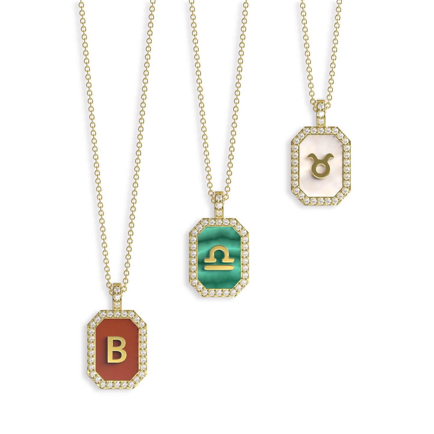 Rhodium Plated Silver Malachite Zodiac & Initial Necklace – Octagon AW24N004R