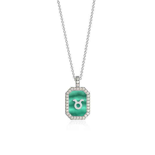Rhodium Plated Silver Malachite Zodiac & Initial Necklace – Octagon AW24N004R