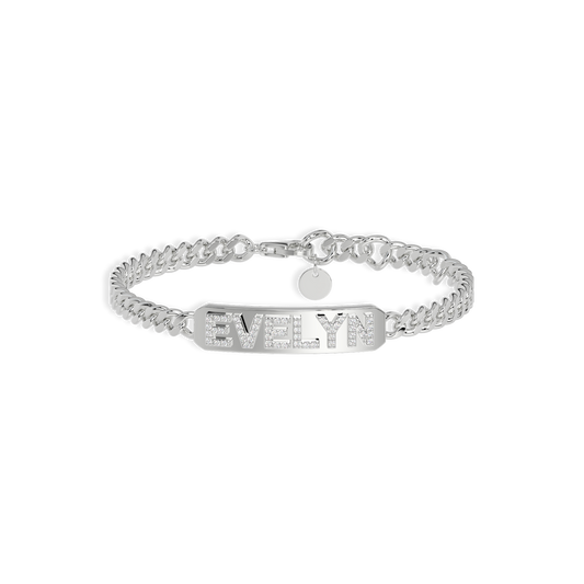 Rhodium Plated Pavé Letter ID Bar Curb Chain Bracelet His & Her ID Bar AW24B001R