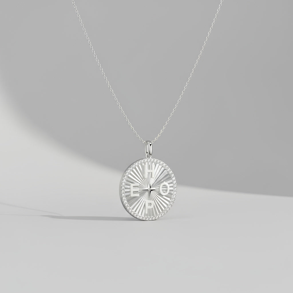 Rhodium Plated Personal Story Medallion Necklace – Lucky Symbol & Engravable（Pleated）AW24N007B