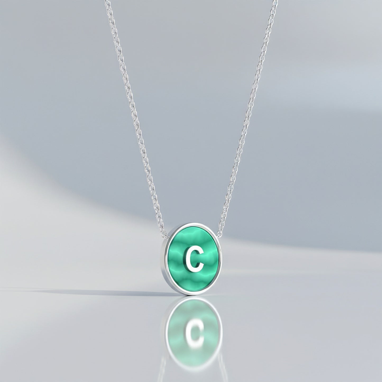 Rhodium Plated Silver Malachite Initial Necklace SS25N002R (Quick Ship)